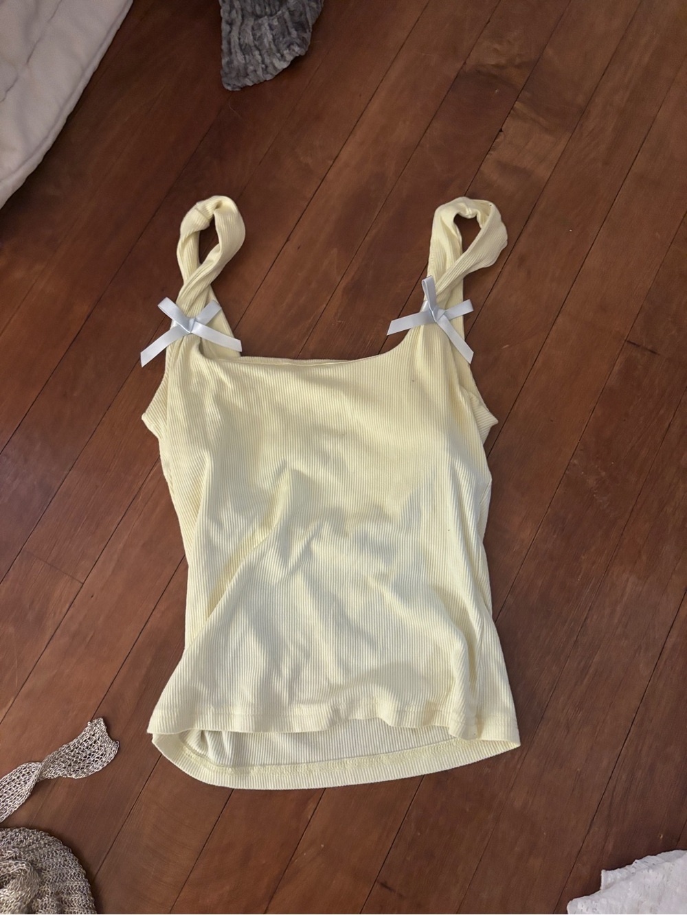 Edikted Pale Yellow Ribbed Tie-Shoulder Tank Top